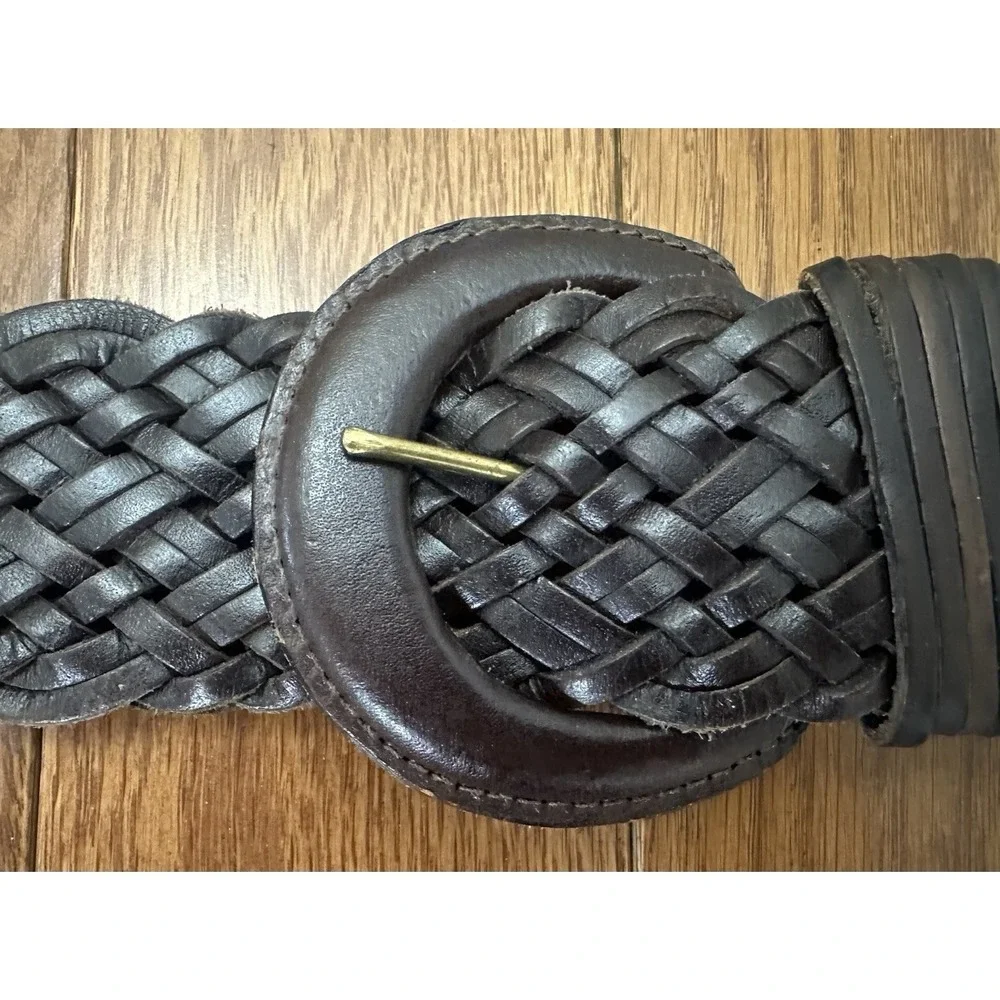 Vintage Genuine‎ Leather Braided Woven Belt Brown Wide Buckle Y2K Boho M/L